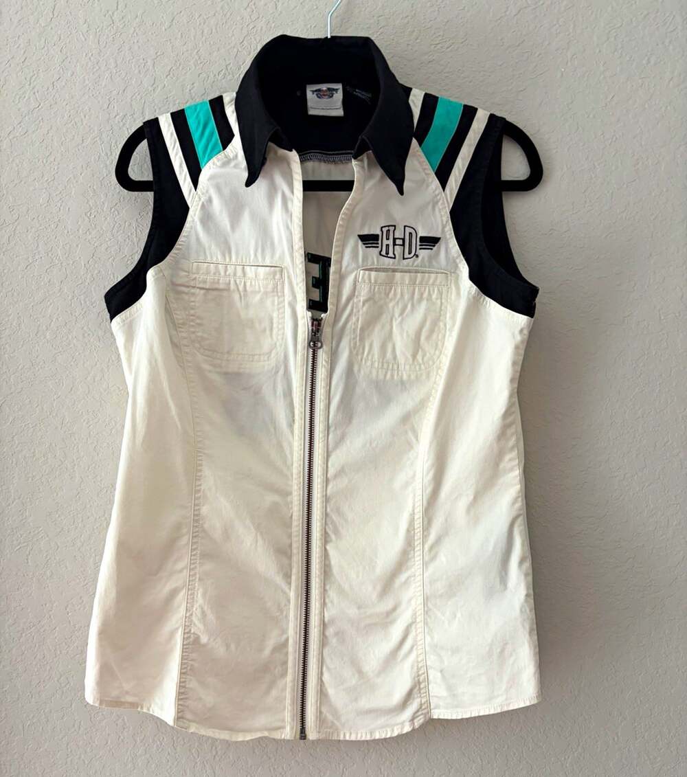 Harley-Davidson Women M White Black Teal Embroidered Cotton Zip Up Pocket Vest